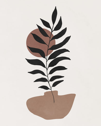 A dark leafy branch against a terracotta circle.