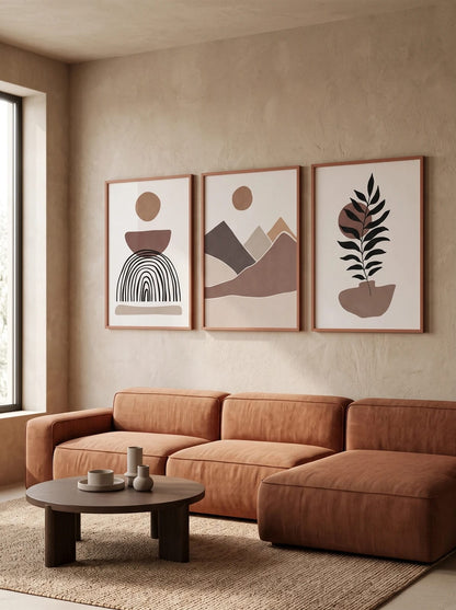 Three terracotta and ochre prints grouped above a warm-toned sofa.
