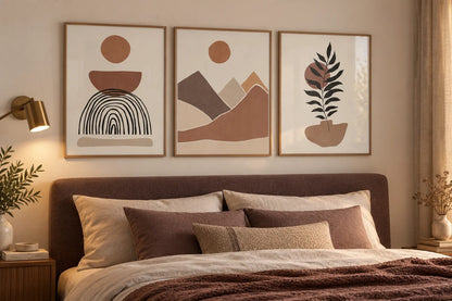 Three warm abstract prints displayed together above a bed.