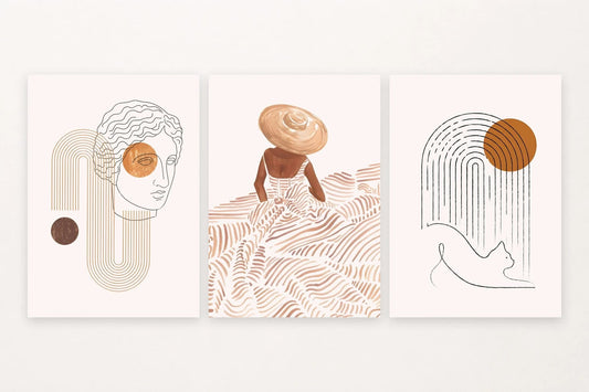 Three prints with an outlined face, woman in a hat, and cat under ochre arches.