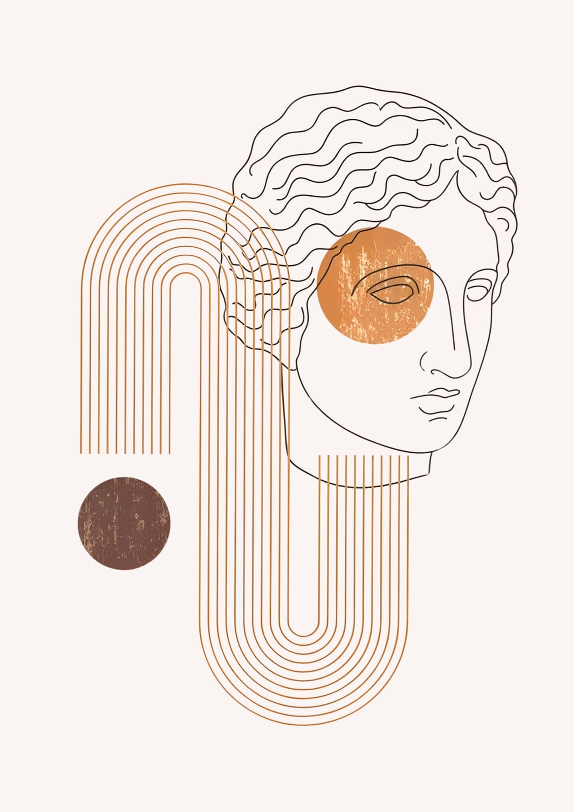 an outlined face beneath ochre arches and a circle.