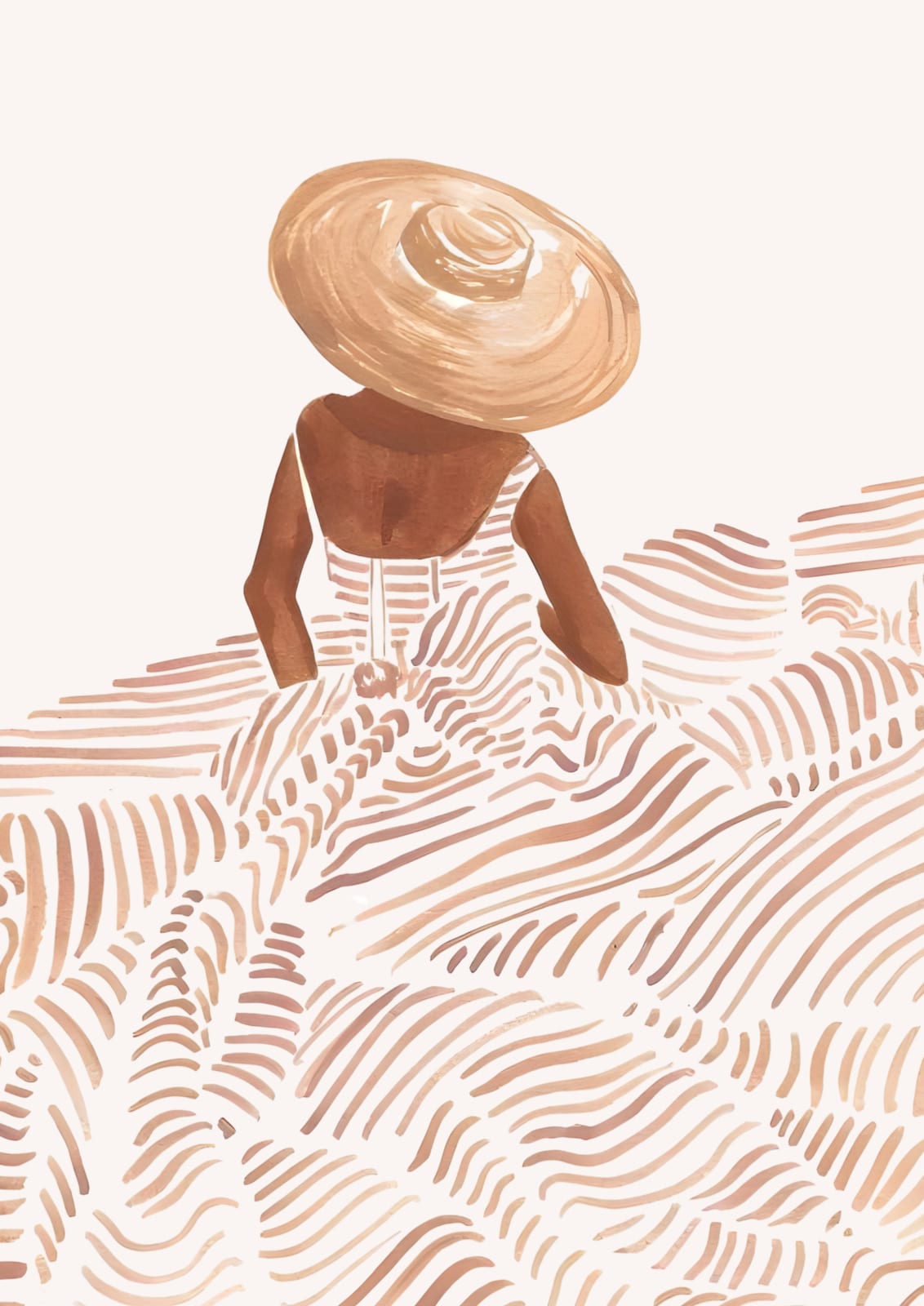 a woman seen from behind in a light hat.