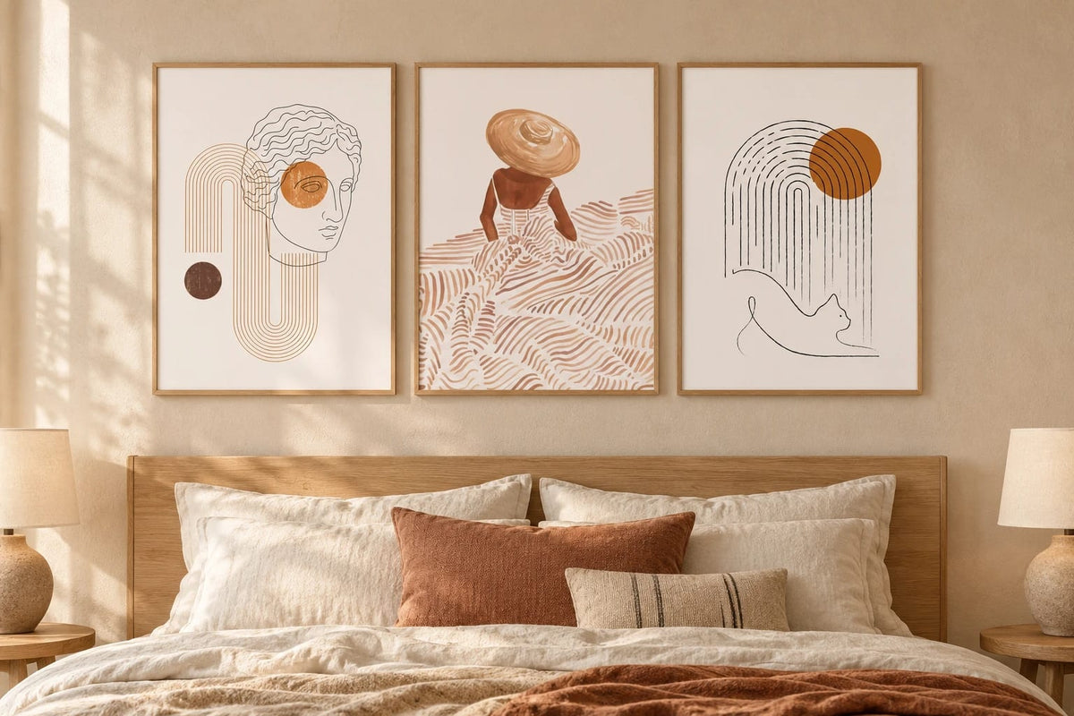 Face, hat, and cat prints above a light bed with neutral bedding.