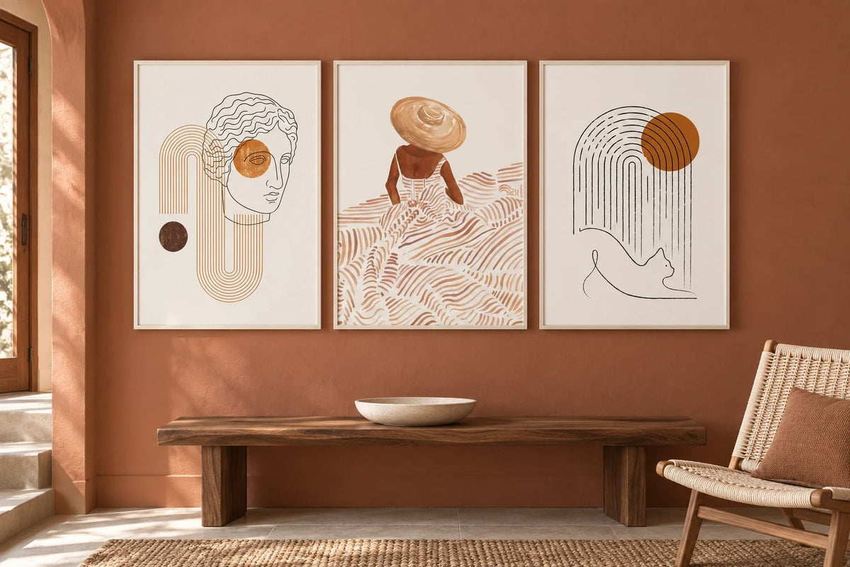Three graphic prints in white frames above a walnut bench.