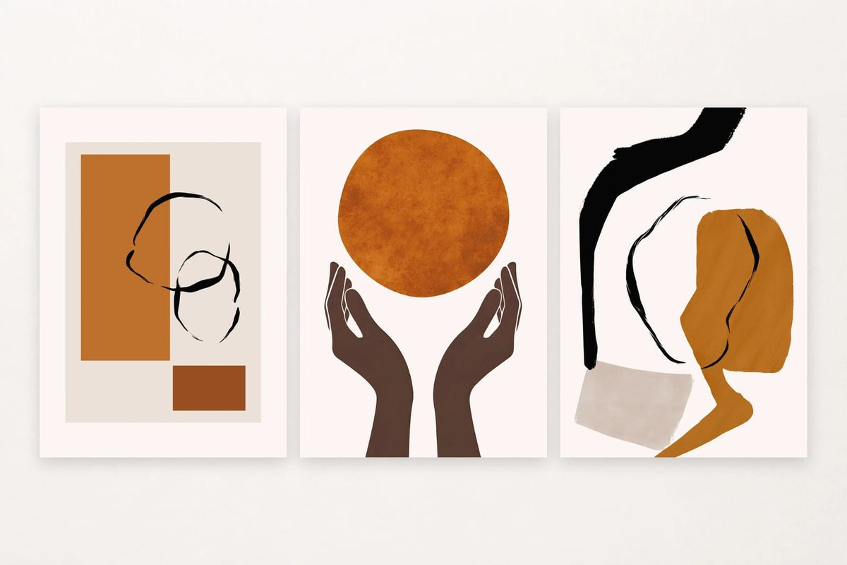 Three abstract prints: black loops, raised hands, and a brushstroke with ochre.