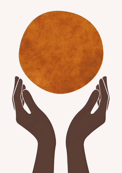 raised hands beneath an ochre circle.