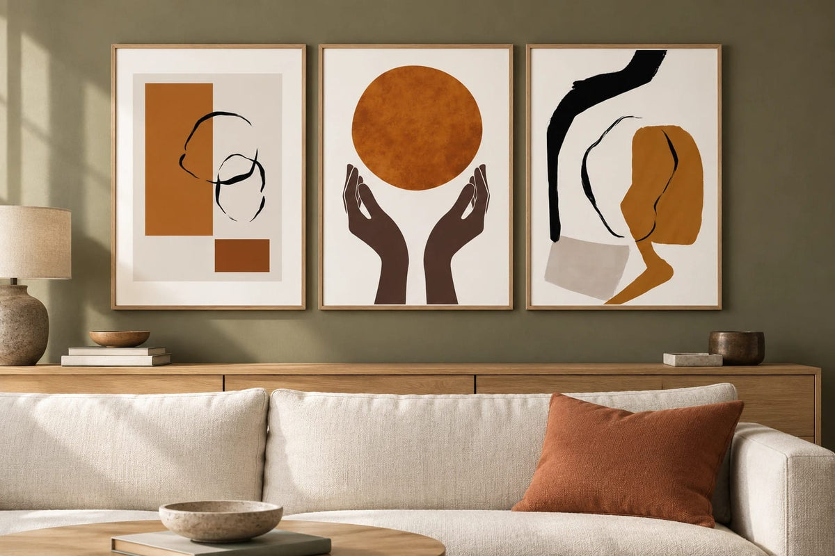 Three ochre and black prints above an oak console near a light sofa on an olive wall.