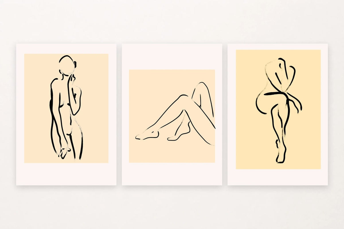 Three figure line-art prints with peach and ochre fields and broad margins.