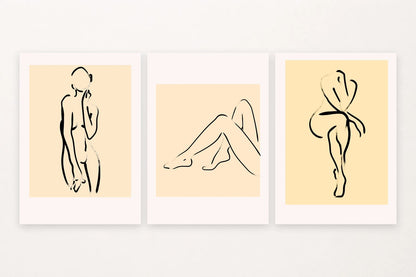 Three figure line-art prints with peach and ochre fields and broad margins.