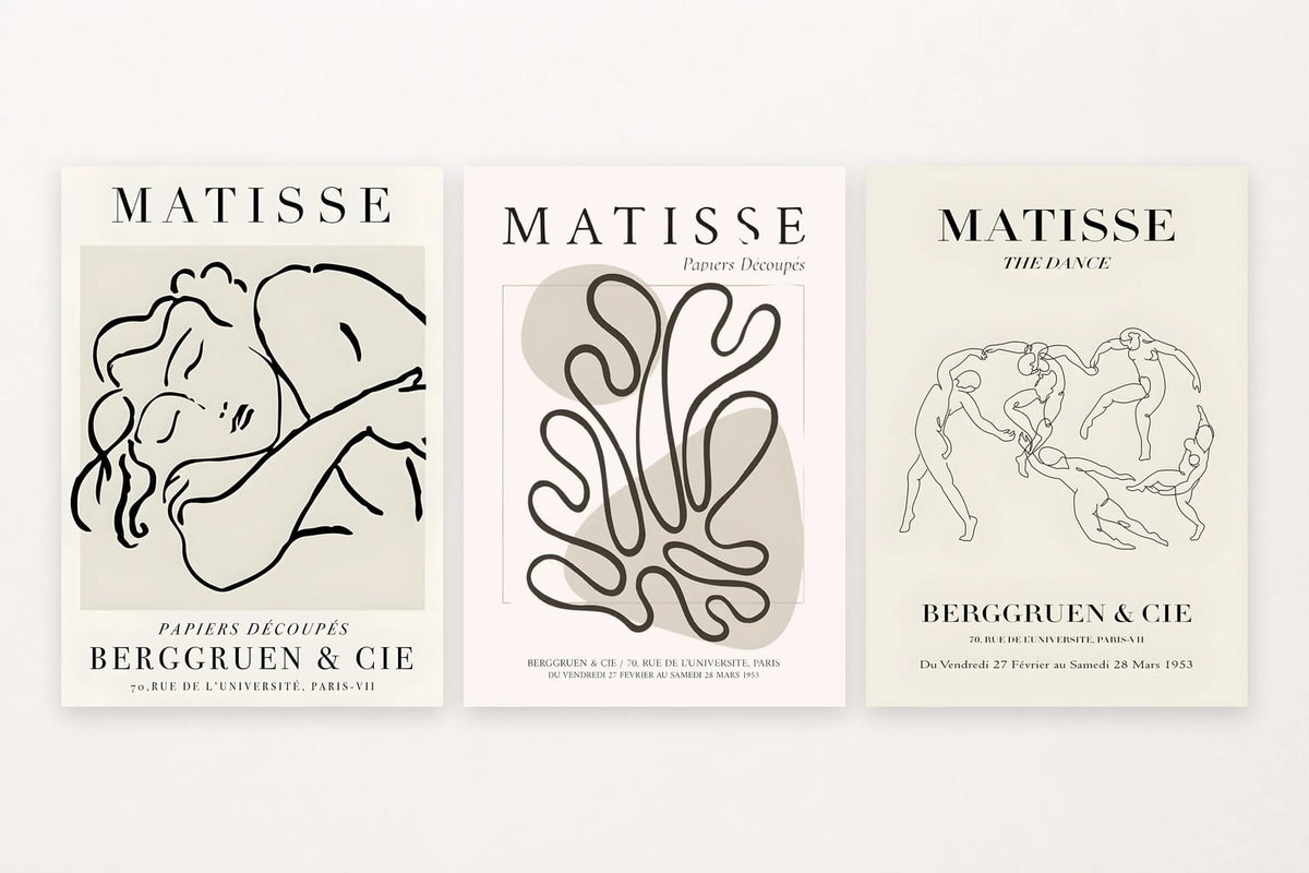 Three prints with a resting figure, winding contour, and dancing figures with visible printed words.