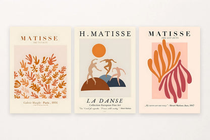 Warm abstract triptych with leaf lettering, dancing silhouettes, and pink color fields.