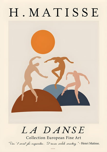 three dancing silhouettes beneath arches and an orange circle.