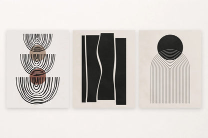 Arches and circles, upright black shapes, and a black circle over curved lines.