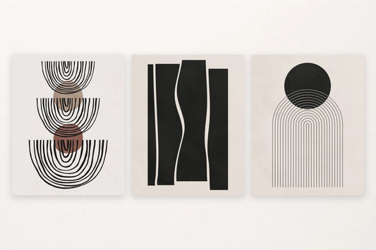Arches and circles, upright black shapes, and a black circle over curved lines.