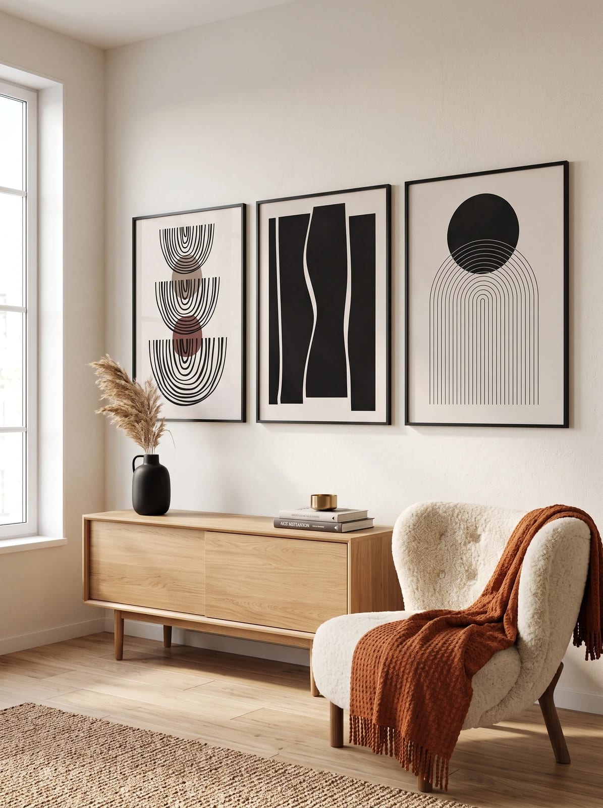 Three prints above a light oak dresser beside a chair and terracotta throw.