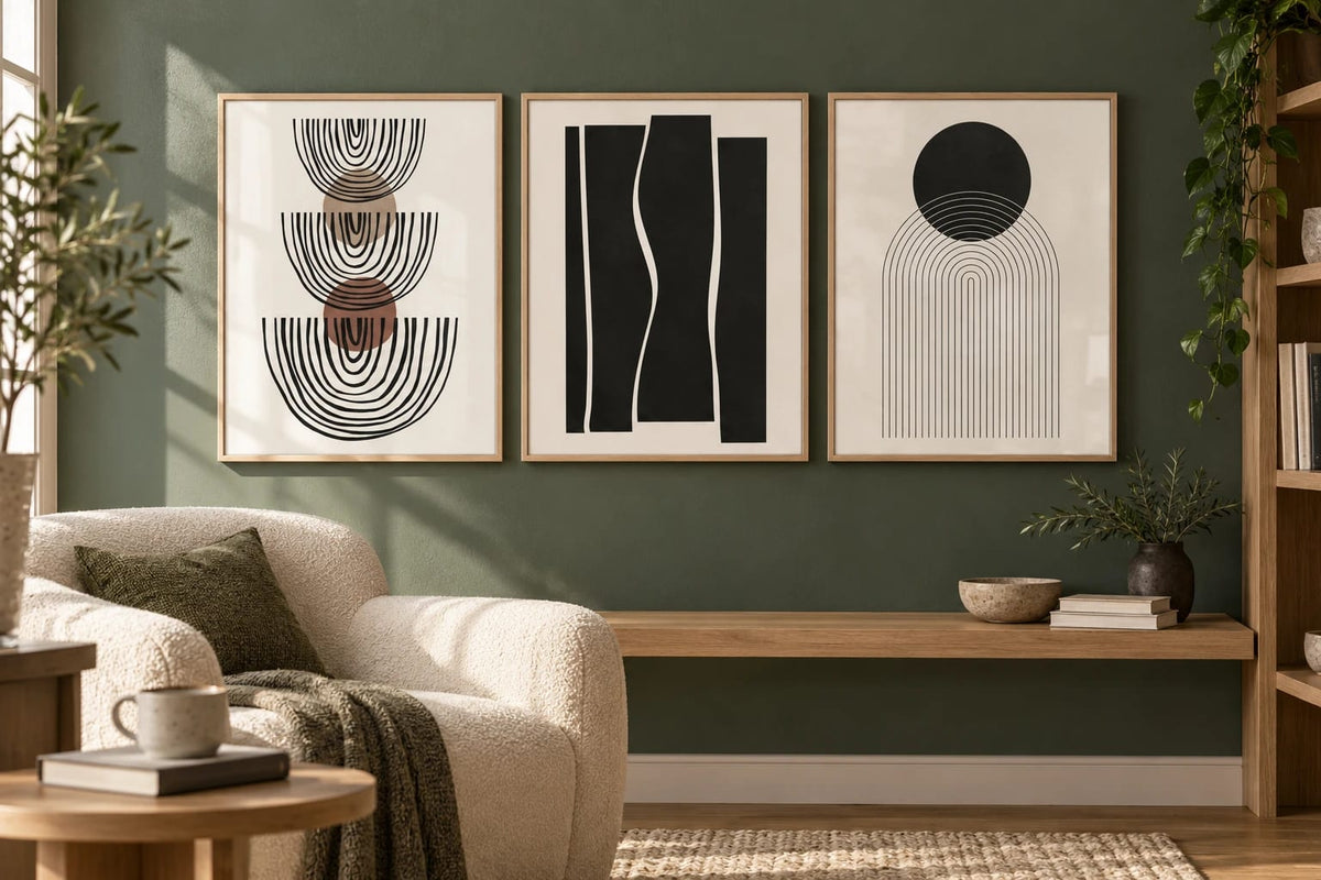 Abstract arch and circle prints grouped on a bedroom wall.