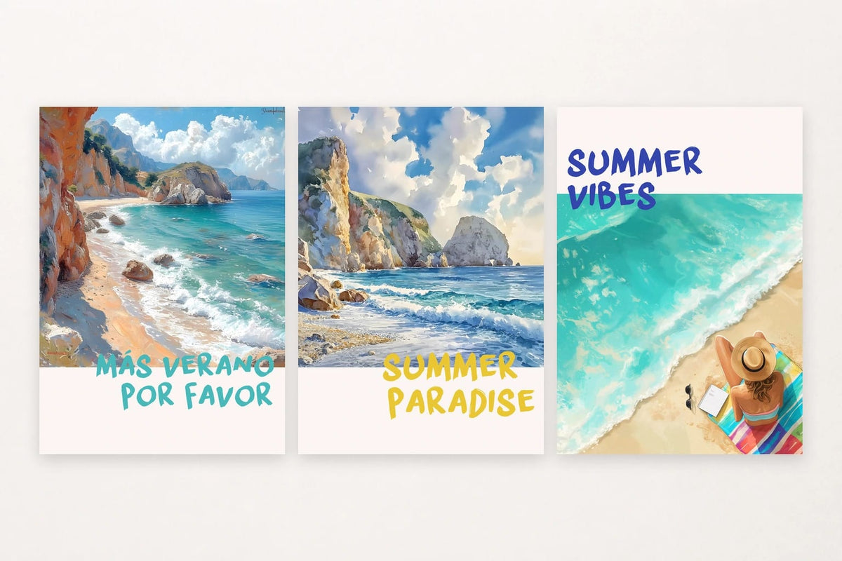 Three coastal prints with rocky coves, waves, turquoise water, and summer phrases.
