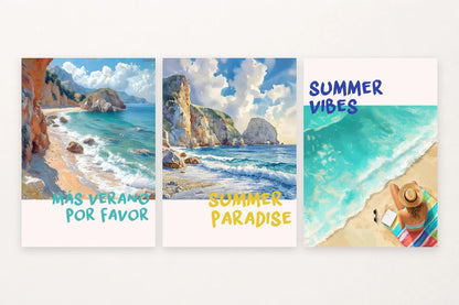 Three coastal prints with rocky coves, waves, turquoise water, and summer phrases.