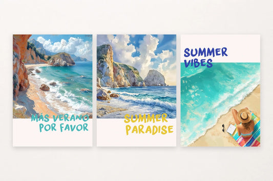Three coastal prints with rocky coves, waves, turquoise water, and summer phrases.