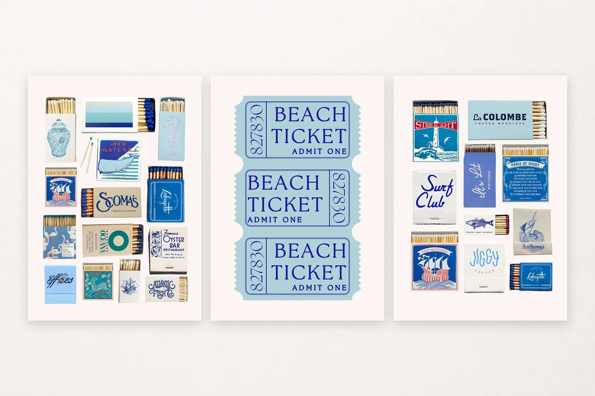 Three blue coastal collages with a seahorse, ticket lettering, lighthouse, fish, and boat.