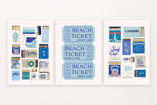 Three blue coastal collages with a seahorse, ticket lettering, lighthouse, fish, and boat.