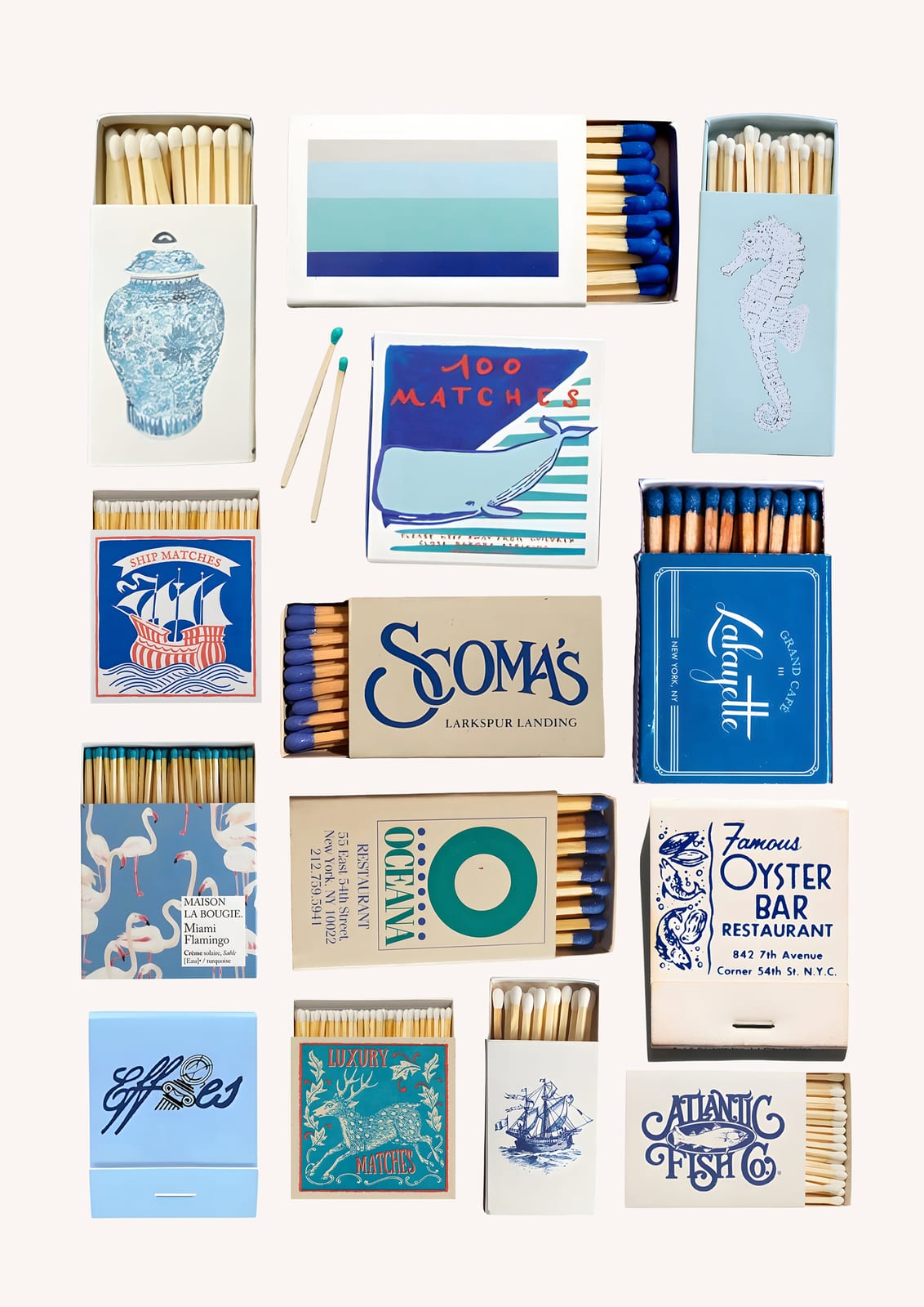 blue-cream collage with a vase, seahorse, and sailboat.