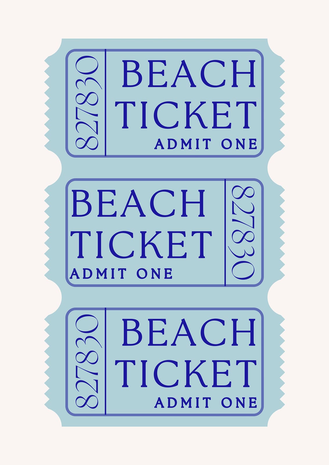 three blue blocks with BEACH TICKET, ADMIT ONE, and number 827830.