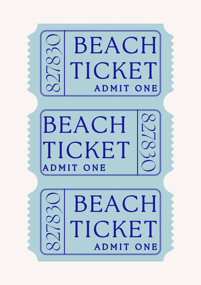 three blue blocks with BEACH TICKET, ADMIT ONE, and number 827830.