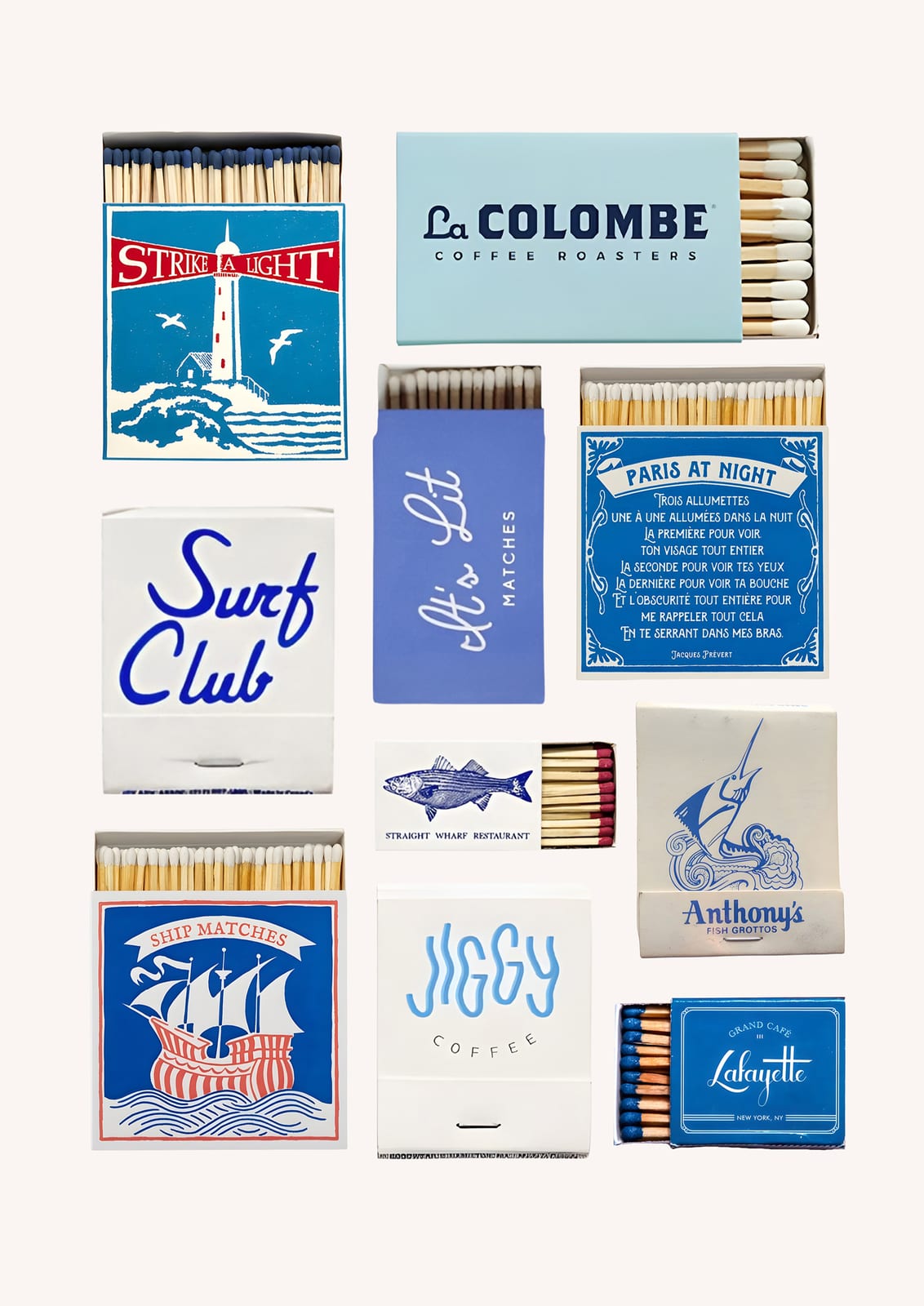 collage of a lighthouse, fish, boat, and Surf Club lettering.