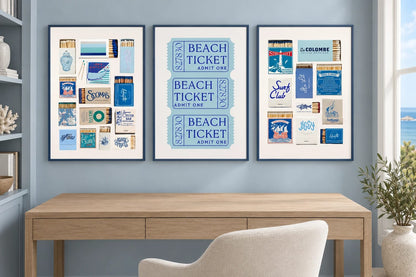 Blue coastal collage triptych above a desk.