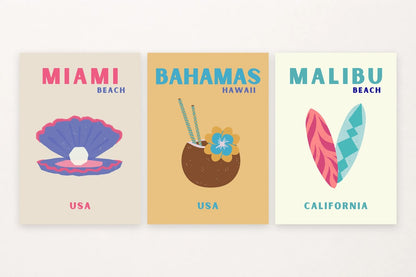 Three beach prints with a pearl shell, coconut drink, and pink-turquoise surfboards.