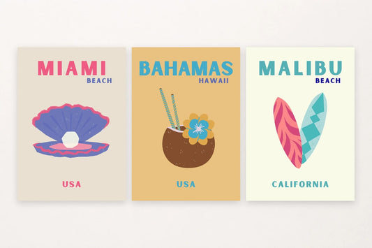 Three beach prints with a pearl shell, coconut drink, and pink-turquoise surfboards.