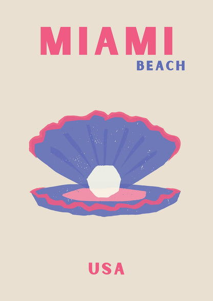 pink-purple shell with a pearl and MIAMI BEACH USA lettering.