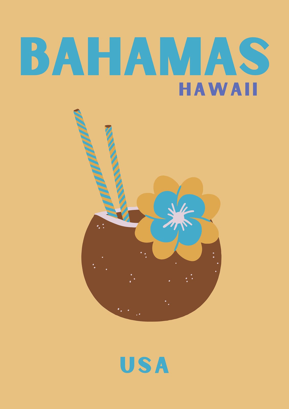 coconut drink with striped straw and flower on ochre.