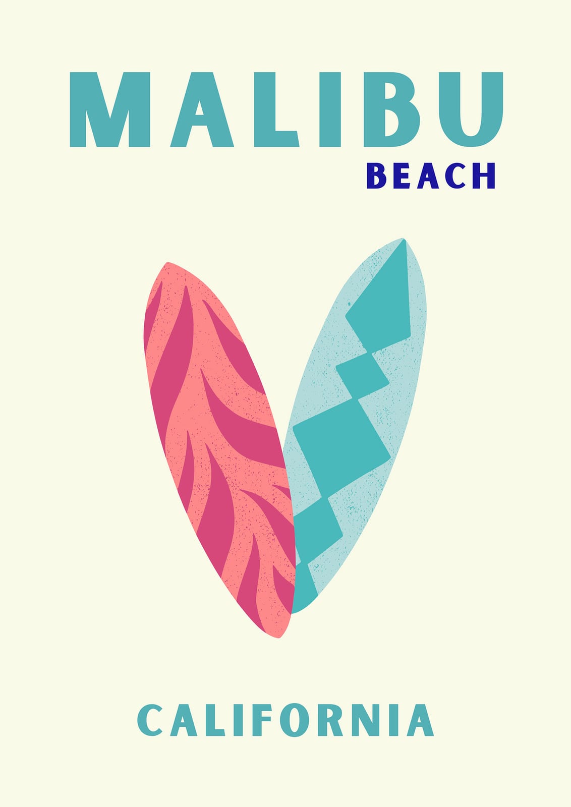 pink and turquoise surfboards with MALIBU BEACH CALIFORNIA lettering.