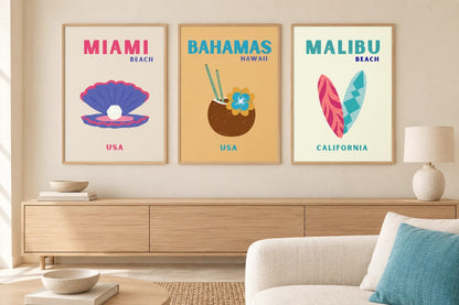Colorful beach print set in a light living room.