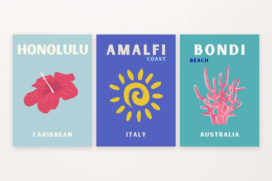 Three tropical prints with a hibiscus, yellow spiral sun, pink coral, and coastal lettering.