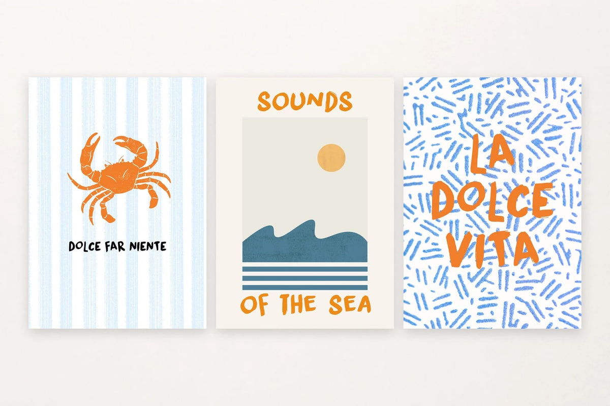 Three coastal prints with a striped crab, turquoise waves, and summer lettering.