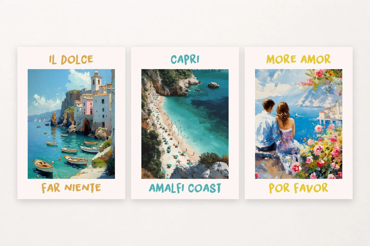 Three coast prints: harbor, rocky beach, and a couple facing the water.