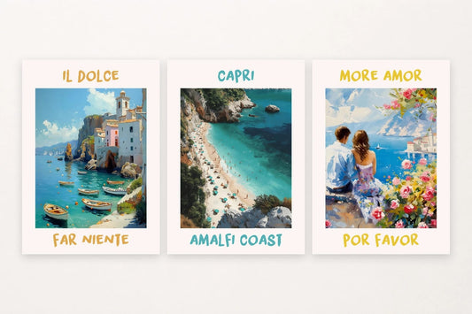 Three coast prints: harbor, rocky beach, and a couple facing the water.