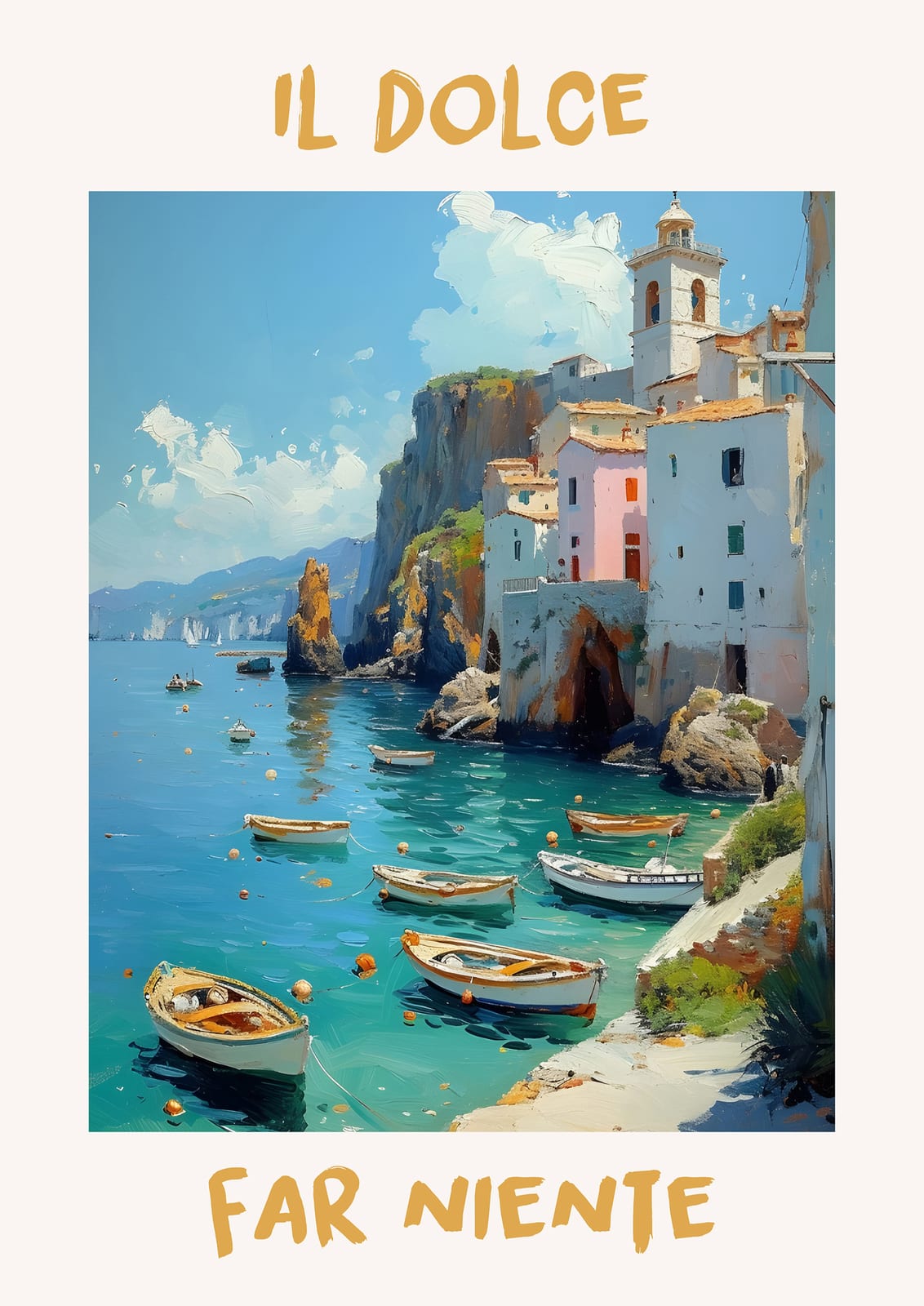 harbor homes, tower, and boats around a turquoise cove.