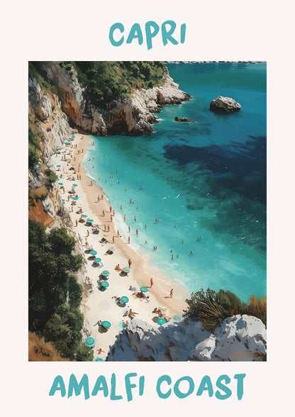 rock-edged beach with small figures and CAPRI, AMALFI COAST lettering.