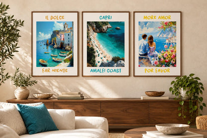 Harbor and coast prints above a walnut dresser in a living room.