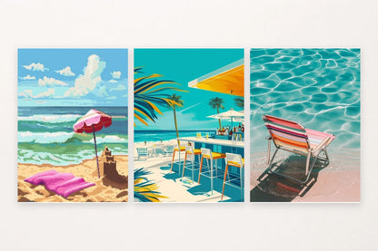Three coastal prints with a pixelated umbrella, seaside bar, and striped chair.