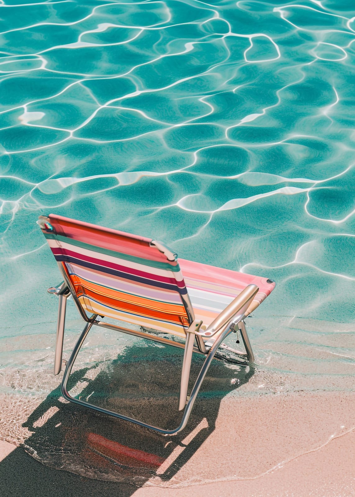 a striped chair beside the water