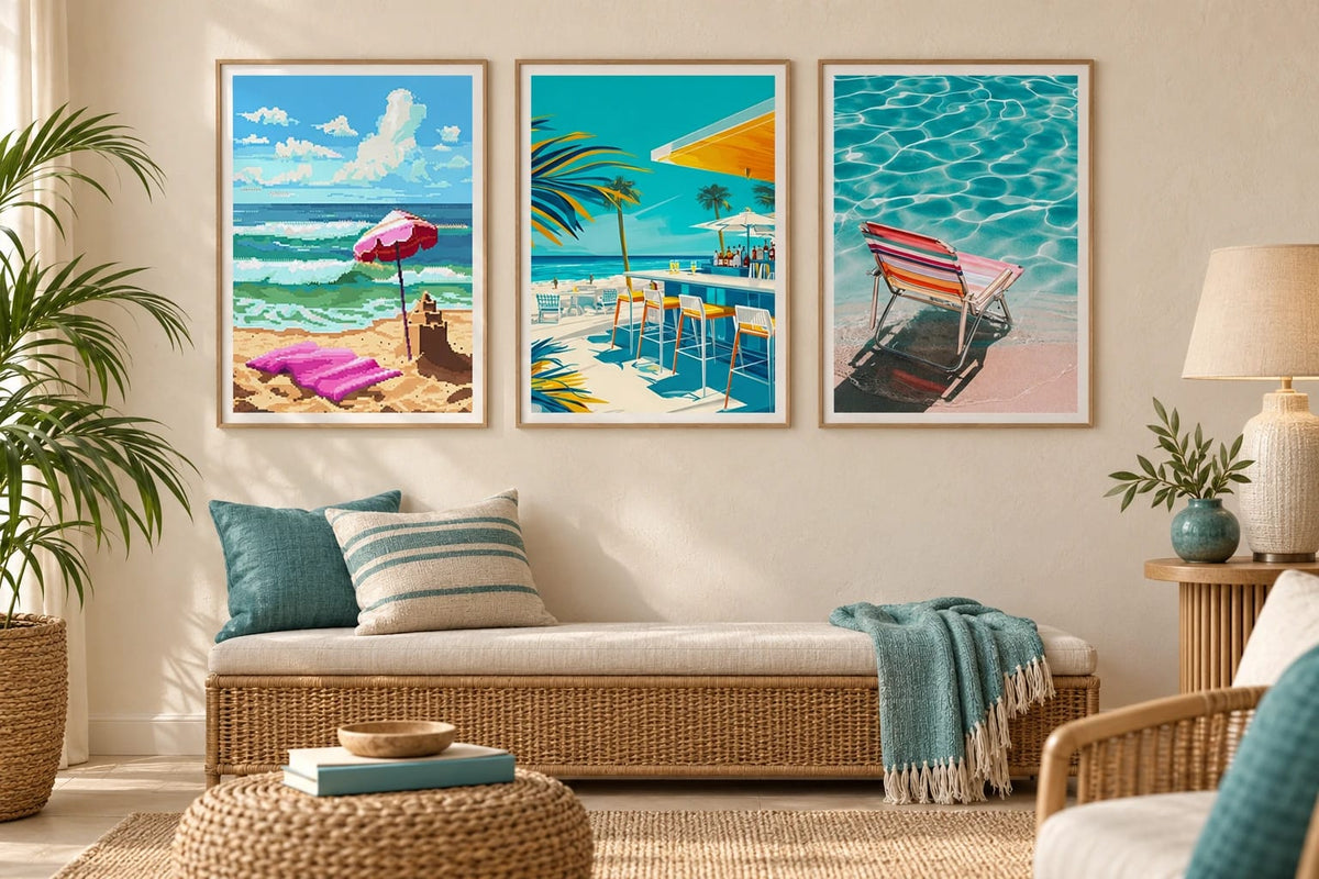 Coastal prints displayed above a woven bench in a light room.