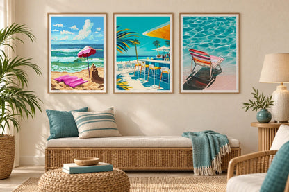 Coastal prints displayed above a woven bench in a light room.