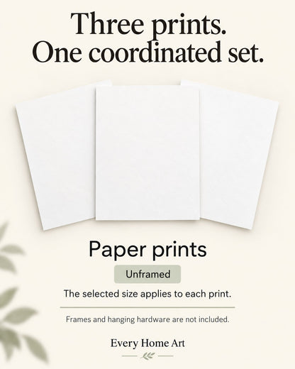 Three unframed paper prints; frames and hanging hardware are not included.