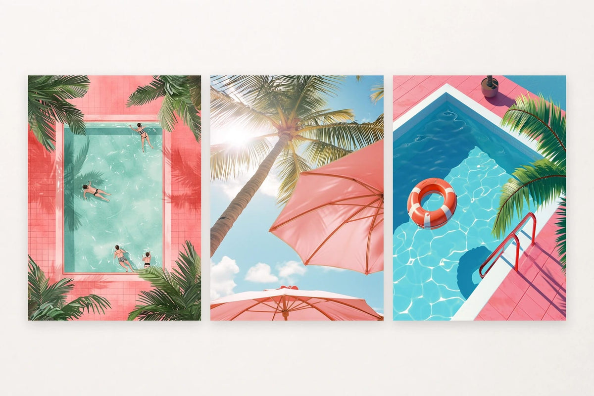 Three summer prints with pools, swimmers, a palm, and pink umbrellas.