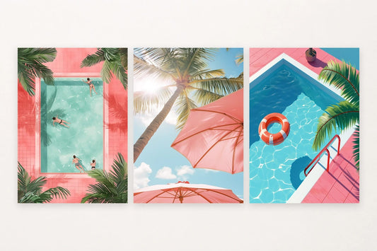 Three summer prints with pools, swimmers, a palm, and pink umbrellas.